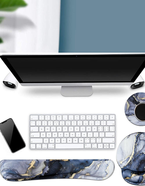 Load image into Gallery viewer, Mouse Pad with Wrist Support Keyboard Wrist Rest Set, Ergonomic Mouse Pad with Non-Slip Base for Computer Home Office + Coasters, Easy Typing &amp; Pain Relief Mouse Mat, Dark Blue Marble
