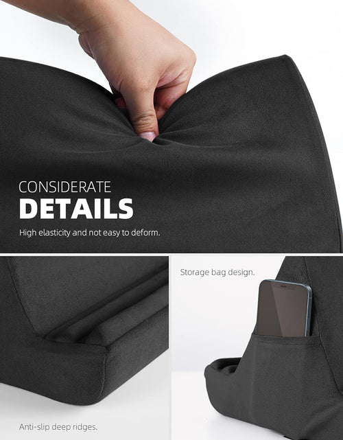 Load image into Gallery viewer, Tablet Pillow Holder Stand - Tablet Pillow Soft Pad Dock for Lap, Bed and Desk with Pocket &amp; 4 Viewing Angles, for 2022 Ipad Pro 11, 12.9, Air, Mini, Kindle, 4-13" Phone and Tablet, Black

