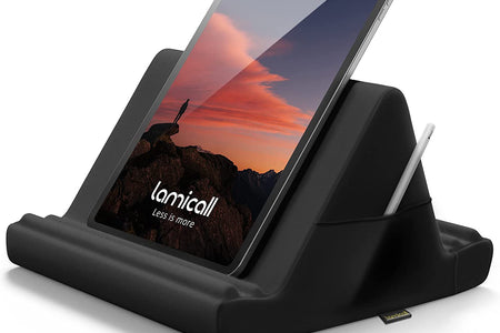 Tablet Pillow Holder Stand - Tablet Pillow Soft Pad Dock for Lap, Bed and Desk with Pocket & 4 Viewing Angles, for 2022 Ipad Pro 11, 12.9, Air, Mini, Kindle, 4-13" Phone and Tablet, Black