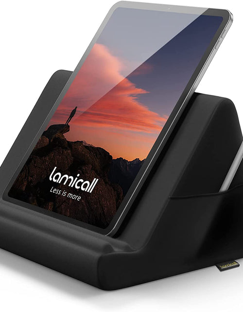Load image into Gallery viewer, Tablet Pillow Holder Stand - Tablet Pillow Soft Pad Dock for Lap, Bed and Desk with Pocket &amp; 4 Viewing Angles, for 2022 Ipad Pro 11, 12.9, Air, Mini, Kindle, 4-13" Phone and Tablet, Black
