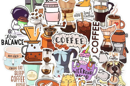 Coffee Stickers for Water Bottles Adults Coffee Stickers for Laptop Coffee Cup Stickers for Scrapbooking Coffee Vinyl Waterproof Stickers 50 Packs