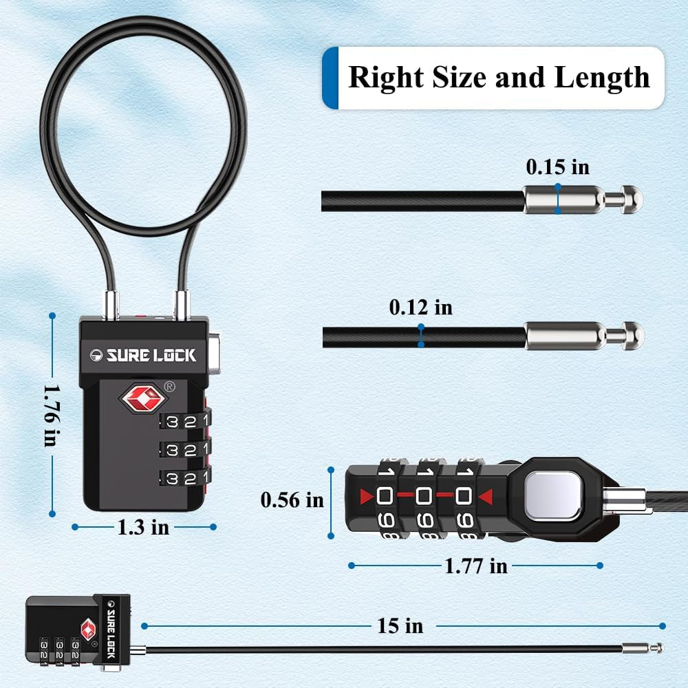 TSA Approved Luggage Locks – 3-Digit Combination Cable Lock with Red Indicator, Large Dial & Easy-Press Button for Suitcases and Backpacks – Multi-Pack & Color Options